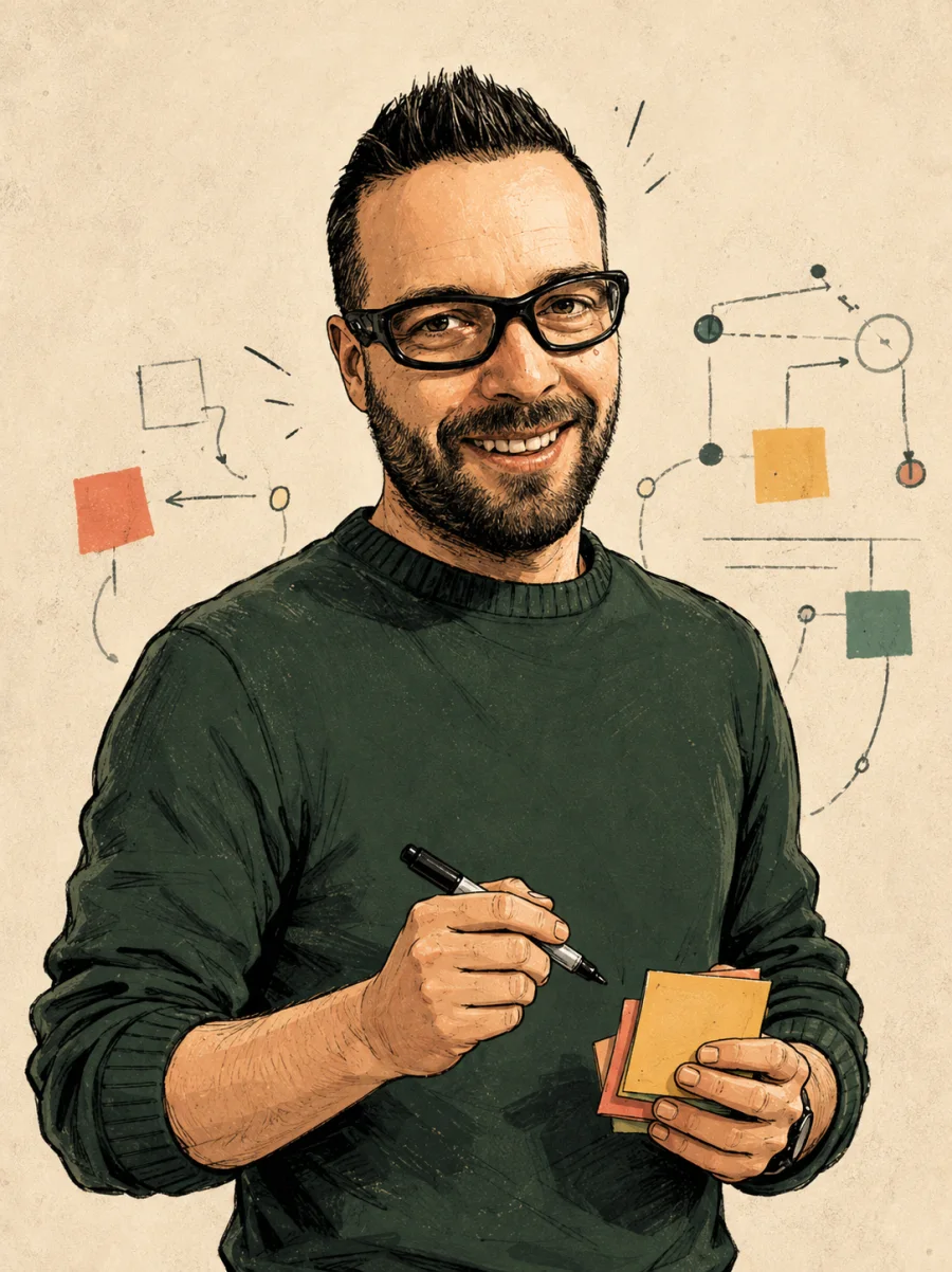 Comic-Porträt von Andy-Kim Möller mit Marker und Haftnotizen