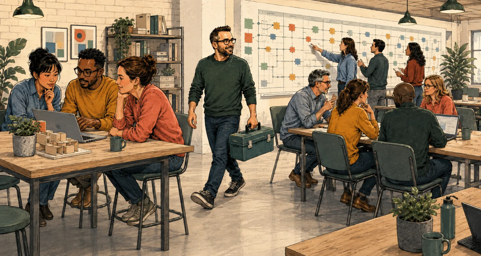 Illustration: Andy verbindet die Arbeit in einem Start-up mit der Zusammenarbeit in einer Enterprise-Organisation